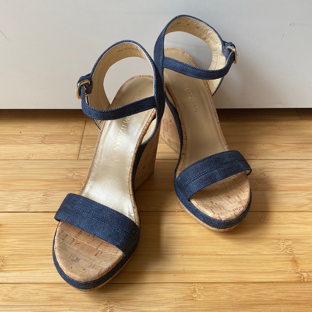 Stuart Weitzman Denim Navy Platform Wedge Sandal with Cork Heel Size 8